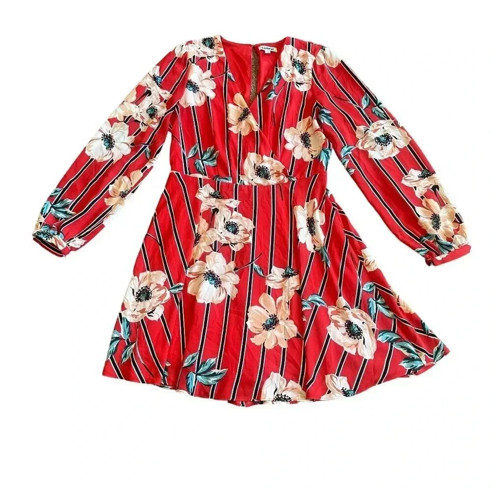 Express Bold Floral Print Long Sleeve Dress Swing A-Line Size Medium Women's